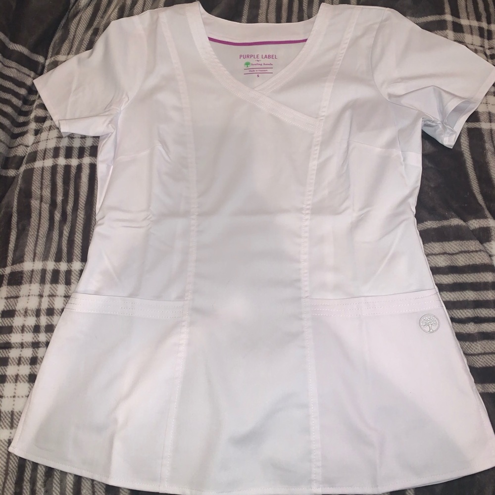 Purple label by healing hands white scrub top